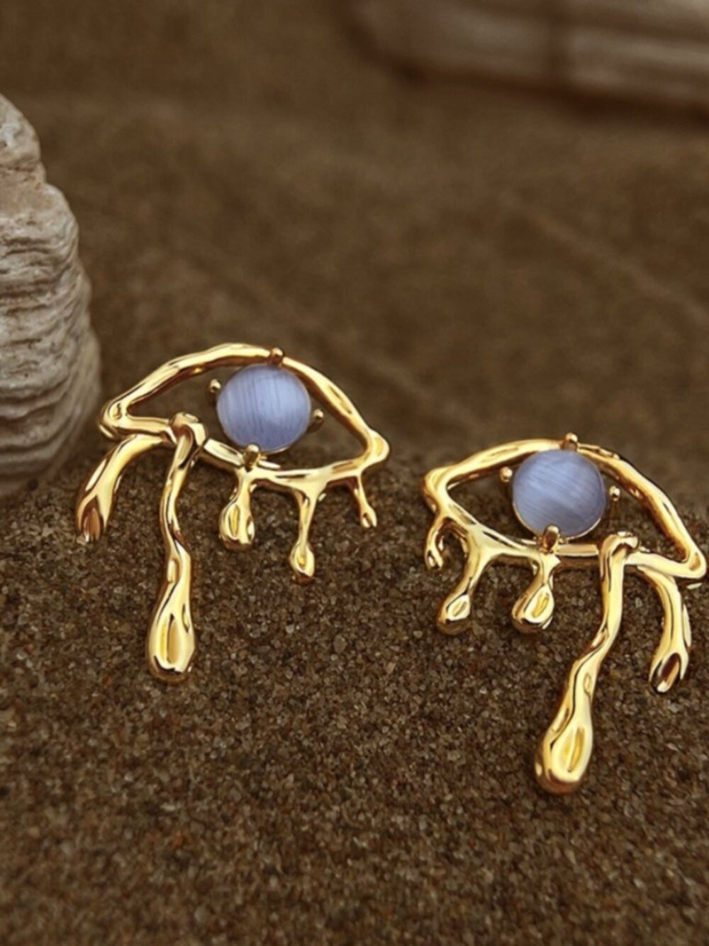 18K Gold Plated Crying Evil Eye Earrings Molten Liquid Drop Studs Gothic